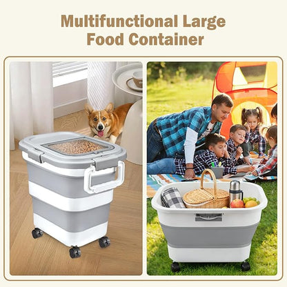 Rice Storage Container, Collapsible Airtight 10-40 Lb Rice Storage Container, Pet Dog Food Storage Container 25lb, Rice Dispenser Bin with Cup and Scoop for Flour Cereal Pasta Grain, Cat Bird
