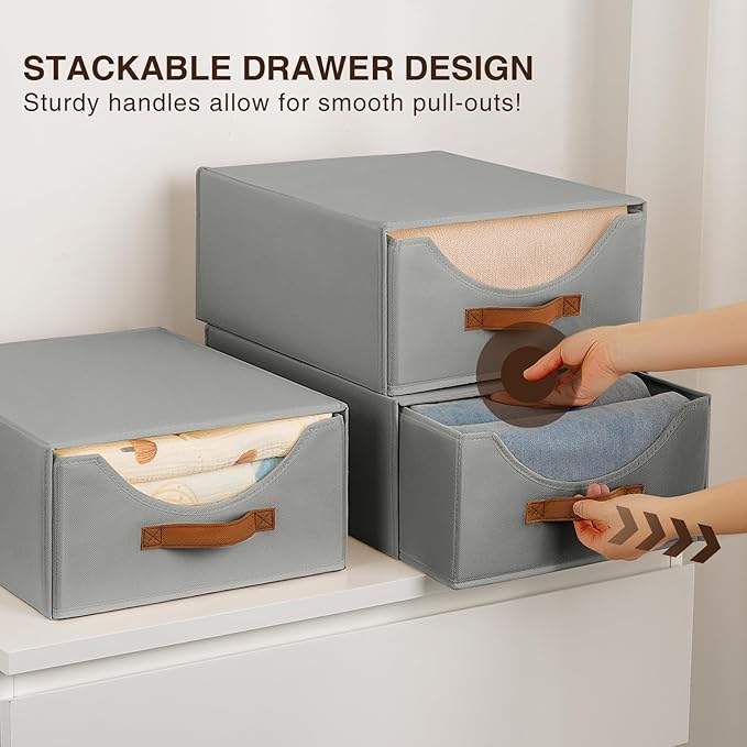 Large Closet Organizers - Closet Storage Drawers for Clothes, Fabric Sotrage Bins with Handle, Collapsible Organizer Bins for Bedroom, Living Room, 4 Pack, Gray