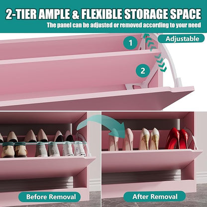Shoe Storage Cabinet for Entryway with 3 Flip Drawers, Sturdy Wood Hidden Shoe Storage, Freestanding Narrow Slim Shoe Organizer for Front Door Entrance, Living Room, Hallway, Bedroom, Pink