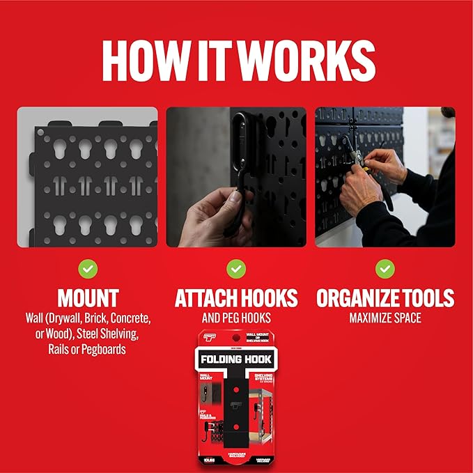 Smart T Folding Wall Hook | Hook for Garage Organization, Heavy Duty, Durable, Space Saving Tool Holder - Wall Mount or Shelving Hooks