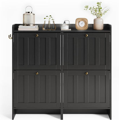 Gizoon Shoe Storage Cabinet with 4 Flip Drawers, Mordern Freestanding Shoe Organizer for Entryway, Narrow Rack Cabinet with Storage for Entrance, Hallway, Black