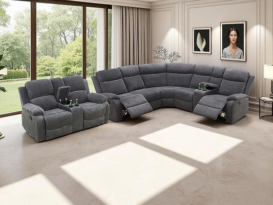 Reclining Sectional Sofa set and Loveseat, Living Room Furniture Sets, Dark Grey Recliner Sectional Sofa Couches Set with Drop-down Table, Cup Holders, Storage Console for Living Room, Bedroom