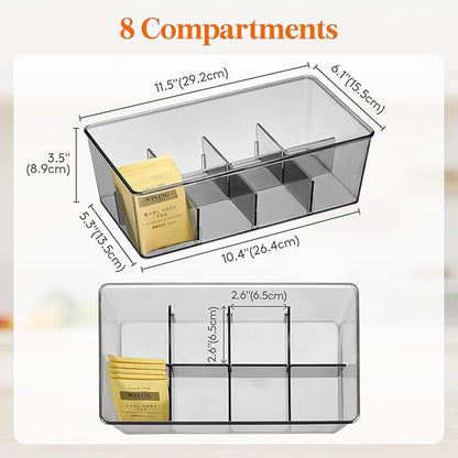 Lifewit Tea Bag Organizer with lids, Plastic Teabag Box with 16 Compartments, Stackable Divided Storage Containers for Cabinet, Pantry, Countertop, Sugar Packets, Black, 29 cm/11.5 inch L, 2 Pack