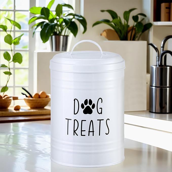Dog Treat Container Airtight, Dog Treat Jar Set of 2 with Lid - 9x5.5''&7x4'' Metal Dog Cookie Jar for Farmhouse Kitchen Counter, White Pet Treat Container, Dog Treat Storage Container for Dogs, Cats