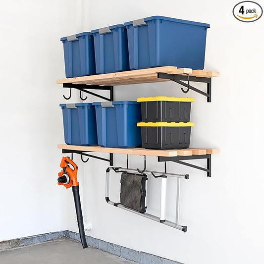 StoreYourBoard 24 Inch Heavy Duty Shelf Brackets, Set of 4 for 2' x 4' DIY Garage Wall Shelves, Holds 600 lbs, Solid Steel, Includes 6 Hooks for Hanging Storage, 23.75" x 1" x 9.5"