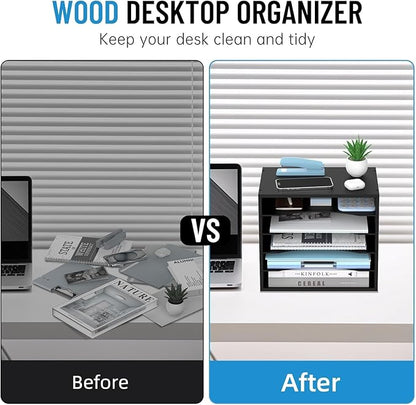 5-Tier Wood Desk Organizer, Paper Tray Organizer for Desk with Adjustable Storage Shelves, Desktop File Organization Paper Sorter Mail Holder for Office Home Classroom, Black