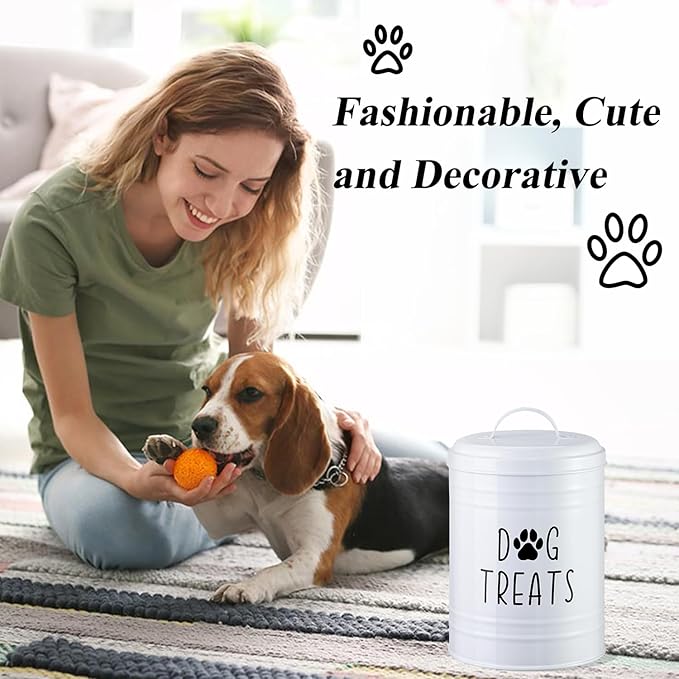 Dog Treat Container Airtight, Dog Treat Jar with Lid - 9x5.5'' Metal Dog Cookie Jar for Farmhouse Kitchen Counter, White Pet Treat Container, Dog Treat Storage Container for Dogs, Cats
