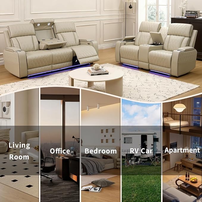 Living Room Furniture Sets with LED, Power Reclining Couch Set for Living Room, Include 1 Loveseat, 3 Seat Sofa, Modern Khaki Leather Recliner Sofa Furniture Set for Home and Office