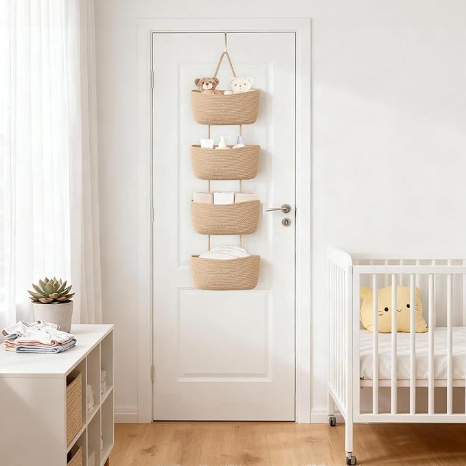 Dahey Over The Door Hanging Basket 4-Tier Woven Boho Wall Mounted Storage Organizer with Hooks for Bedroom Nursery Bathroom Apartments Dorm Pantry Decor, Jute
