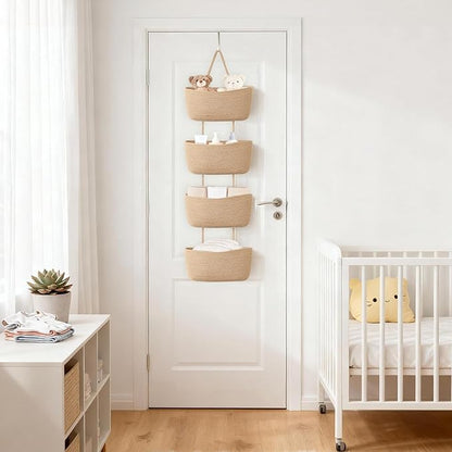 Dahey Over The Door Hanging Basket 4-Tier Woven Boho Wall Mounted Storage Organizer with Hooks for Bedroom Nursery Bathroom Apartments Dorm Pantry Decor, Jute