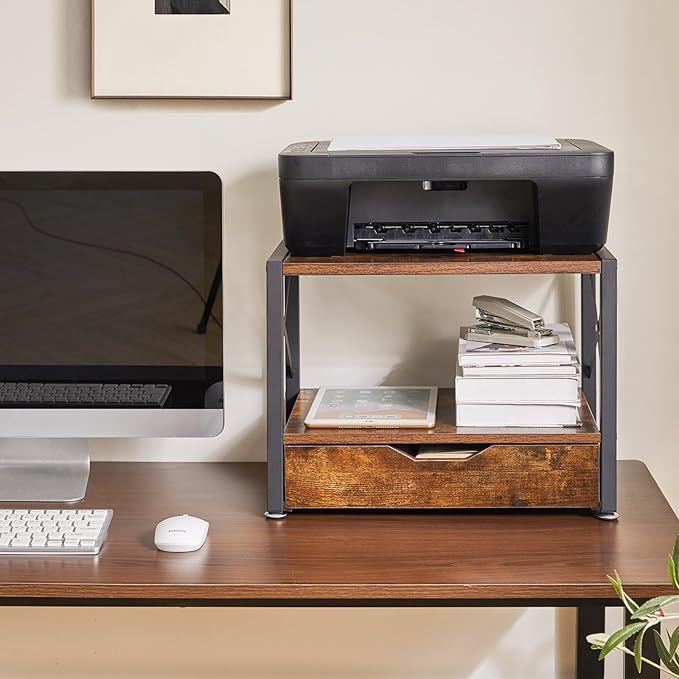 IBUYKE 2 Tier Desktop Printer Stand,Multi-Purpose Desk Organizer,Wooden Printer Stand with Drawer Storage for Folders,Books,for Fax Machine, Scanner,Home Office,Rustic Brown UTLJ006H