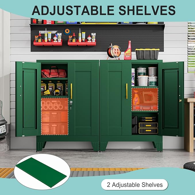 35.43" Lockable Metal Storage Cabinet, Steel Locker File Cabinet with 2 Doors ＆ 2 Adjustable Shelves, Multi-Purpose Organizer for Home, Office File Storage & Garage Locker (Green)