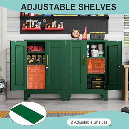 35.43" Lockable Metal Storage Cabinet, Steel Locker File Cabinet with 2 Doors ＆ 2 Adjustable Shelves, Multi-Purpose Organizer for Home, Office File Storage & Garage Locker (Green)