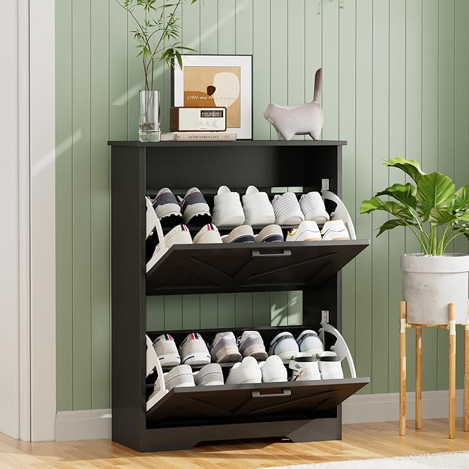 Farmhouse Shoe Cabinet for Entryway with Barn-Style Flip Drawers, Narrow Shoe Storage Organizer with Top Display Shelf, Adjustable Shelves, Shoe Rack for Hallway, Closet- (Black, 24")