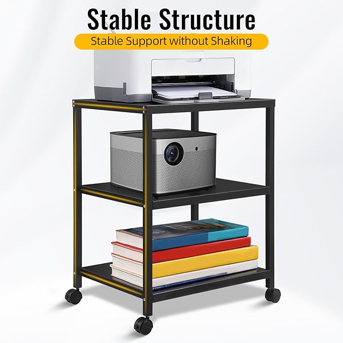 3-Tier Under Desk Printer Stand, 30-Inch Deep Large Printer Table with Height-Adjustable Shelf & 4 Lockable Wheels, Space-Saving Organizer for Home & Office