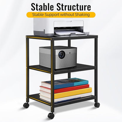 3-Tier Under Desk Printer Stand, 30-Inch Deep Large Printer Table with Height-Adjustable Shelf & 4 Lockable Wheels, Space-Saving Organizer for Home & Office