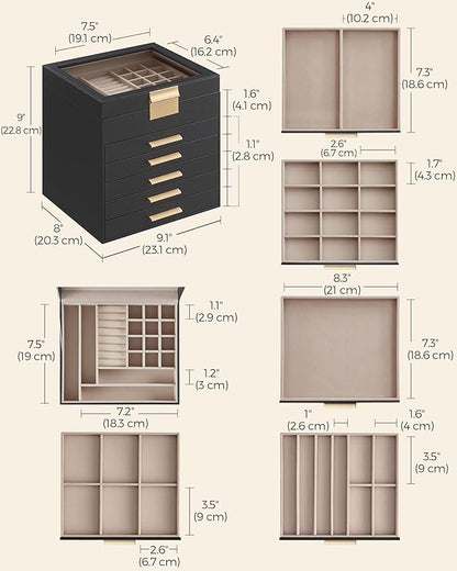 SONGMICS GISELLA Collection - Jewelry Box Organizer, 6-Layer Jewelry Storage with 5 Drawers, Shiny Metal Hardware, Glass Lid, Modern, 8 x 9.1 x 9 Inches, Ink Black and Gold Color UJBC176B01