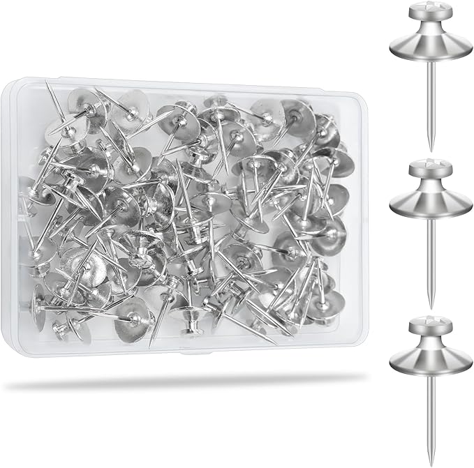 KURUI 60Pcs Double Headed Nails for Hanging Pictures, Wall Hangers Without Nails, Thumb Tacks for Wall, Renter Friendly Decor Push Pins for Tapestry Frame Art, Picture Hangers-Silver