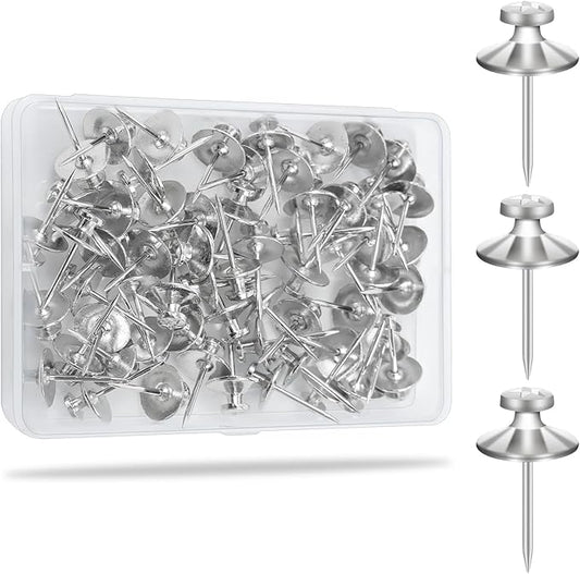 KURUI 60Pcs Double Headed Nails for Hanging Pictures, Wall Hangers Without Nails, Thumb Tacks for Wall, Renter Friendly Decor Push Pins for Tapestry Frame Art, Picture Hangers-Silver