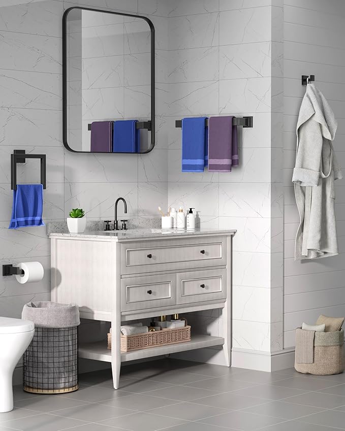 Kitsure 5-Pieces Bathroom Hardware Set & Accessories, Rustproof Towel Racks for Bathroom Wall Mounted, 16" Towel Bar, Toilet Paper Holder, Ring & 2 Hooks, Matte Black