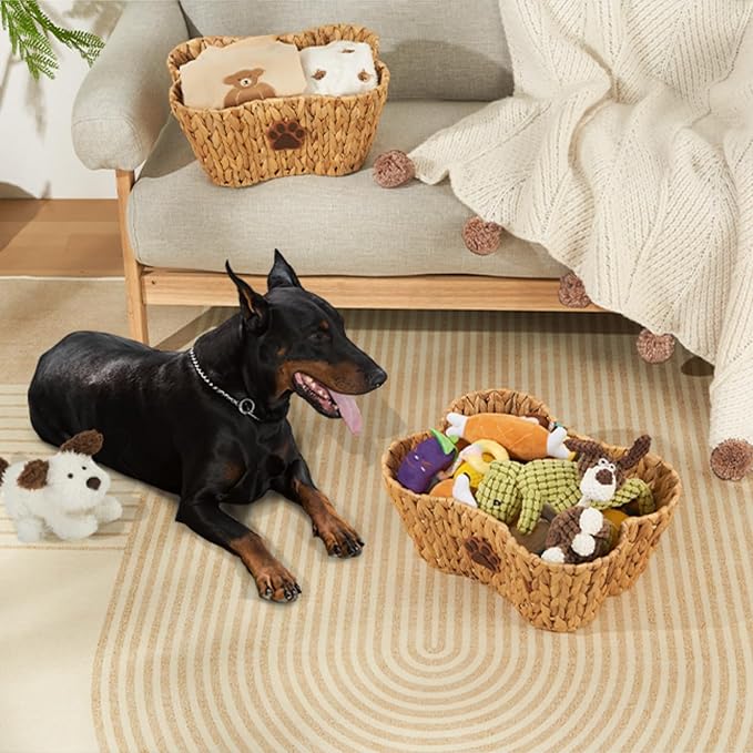FairyHaus Dog Toy Basket Organizer with Dog Paw Decor, 1Pack Wicker Bone Shape Dog Toy Bin for Organizing, Natural Water Hyacinth Dog Toy Box for Pet Chew Toys Blanket Treats Storage