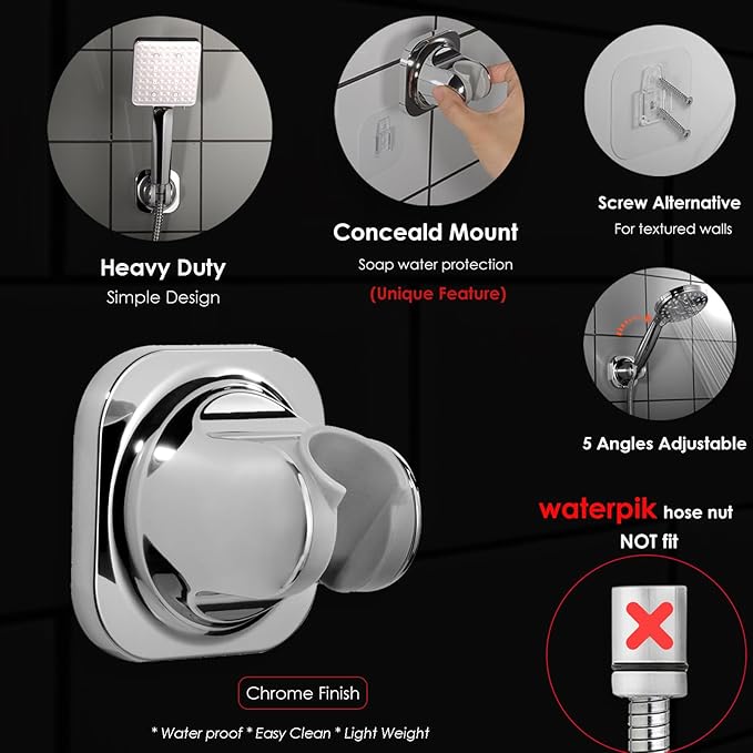 Handheld Shower Head Holder - 5 Angles Adjustable - Concealed Adhesive Mount - Screw Alternative - Bathroom Wall Mounted Shower Wand Holder ( Chrome Finish)