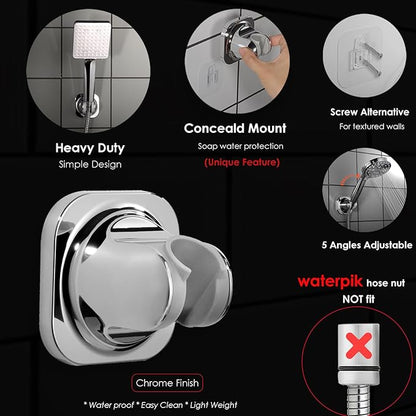 Handheld Shower Head Holder - 5 Angles Adjustable - Concealed Adhesive Mount - Screw Alternative - Bathroom Wall Mounted Shower Wand Holder ( Chrome Finish)