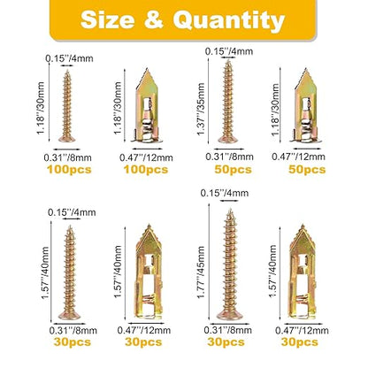 420Pcs Self Drilling Drywall Anchors with Screws Kit,Zinc Plated Steel,4 Sizes Expansion Screws and 2 Sizes Wall Anchors, Easy Application No Drill or Holes in Wall.