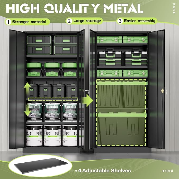 Metal Garage Storage Cabinet, 72” Lockable File Cabinets with 2 Doors and 4 Adjustable Shelves, Steel Tool Cabinets with Lock for Office, Home, Gym, Black