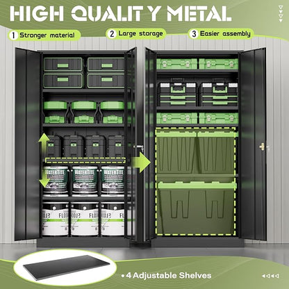 Metal Garage Storage Cabinet, 72” Lockable File Cabinets with 2 Doors and 4 Adjustable Shelves, Steel Tool Cabinets with Lock for Office, Home, Gym, Black