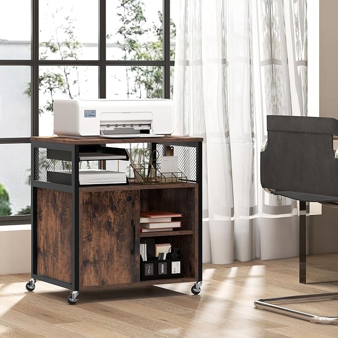 Giantex File Cabinet, Lateral Filing Cabinet with Lock, Wheels, Charging Station, Cable Hole, Lockable Side Cabinet, Adjustable Shelves, Metal Frame, Printer Stand for Home Office Small Space (Brown)