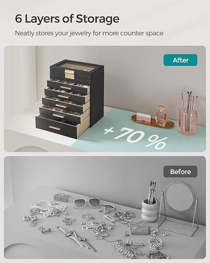SONGMICS GISELLA Collection - Jewelry Box Organizer, 6-Layer Jewelry Storage with 5 Drawers, Shiny Metal Hardware, Glass Lid, Modern, 6.4 x 9.9 x 11.4 Inches, Ink Black and Gold Color UJBC171B01