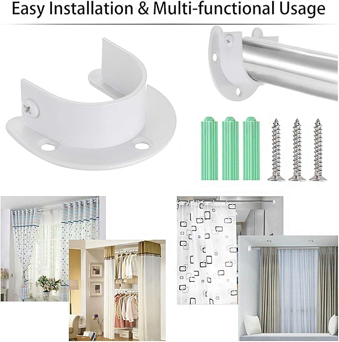 OwnMy 6 Packs Closet Rod End Supports Brackets 1-1/4" Curtain Flange Rod Holder, U Shaped Stainless Steel Closet Pole Sockets Opening Flange Rod Bracket for Closet Shelf Wardrobe Shower Curtain, White