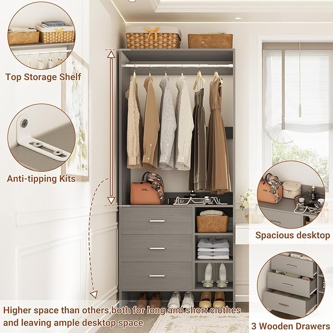 Aheaplus Closet System with 3 Drawers and Shelves, 29.6’’ Closet Organizer, 2.5FT Wood Closet Organizer System, Walk-in Closet or Small Closets Wardrobe, Clothes Rack with Hanging Rods,-E3, Grey