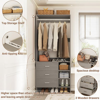 Aheaplus Closet System with 3 Drawers and Shelves, 29.6’’ Closet Organizer, 2.5FT Wood Closet Organizer System, Walk-in Closet or Small Closets Wardrobe, Clothes Rack with Hanging Rods,-E3, Grey
