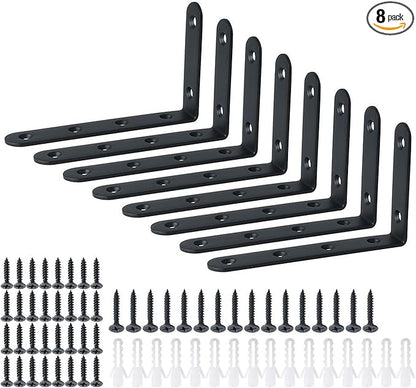 Alise 8 Pack Floating Shelf Brackets,Black Heavy Duty L Bracket Corner Brace,Stainless Steel Corner Bracket,Joint Angle Brackets for Hanging Support,Shelves Support DIY (5 x 3 Inch)