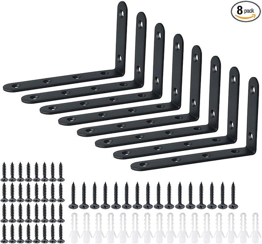 Alise 8 Pack Floating Shelf Brackets,Black Heavy Duty L Bracket Corner Brace,Stainless Steel Corner Bracket,Joint Angle Brackets for Hanging Support,Shelves Support DIY (5 x 3 Inch)