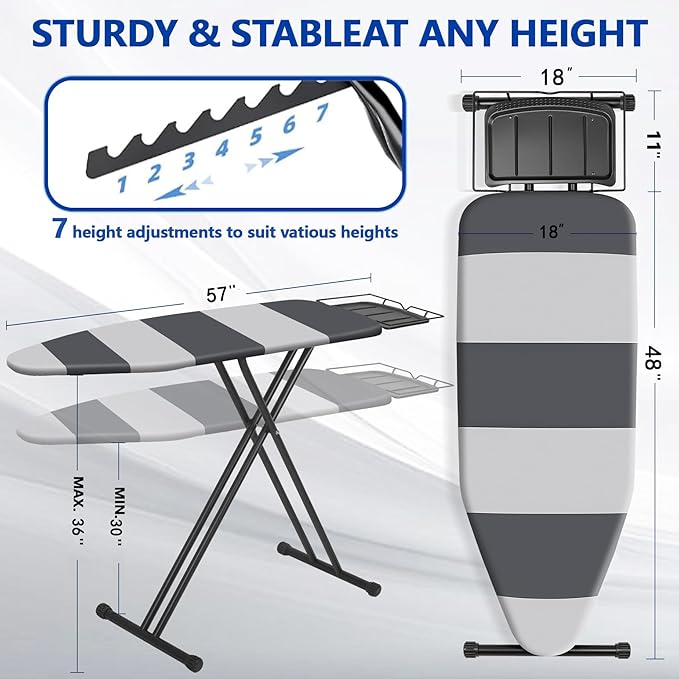Classic Full Size Ironing Board,Extra Wide Size Full Metal Construction,57" X 18" with Iron Rest, Height Adjustable, Heat & Scorch Resistant Fabric, Anti-Skid Feet, Heavy Duty