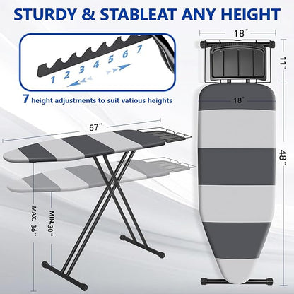 Classic Full Size Ironing Board,Extra Wide Size Full Metal Construction,57" X 18" with Iron Rest, Height Adjustable, Heat & Scorch Resistant Fabric, Anti-Skid Feet, Heavy Duty