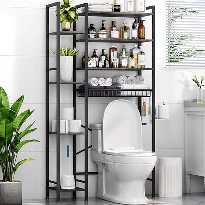 8-Tier Over The Toilet Storage with Side Rack, Over Toilet Storage Rack with Adjustable Shelf & Drain Basket, Freestanding Bathroom Organizer for Balcony, Laundry (Modern Grey)