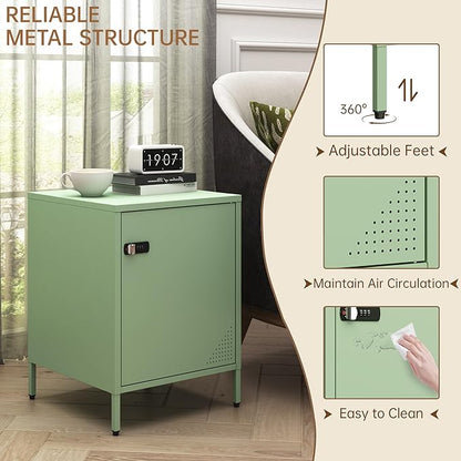 Locker Nightstand Metal End Table Single Door Bedside Cabinet Lockable Storage Cabinet for Living Room, Bedroom, Dorm,Home, Office 21.26”H X 15.75”W X 15.75”D (1 Door, Green)