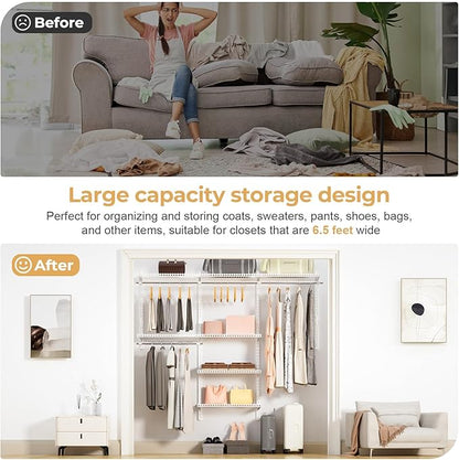 Wire Closet Organizer System, Wall Mounted 6.5 Ft. Custom Closet Kit for Bedrooms Laundry Mudroom Garage Basement, Adjustable Storage Shelves for Clothes Shoes Handbags