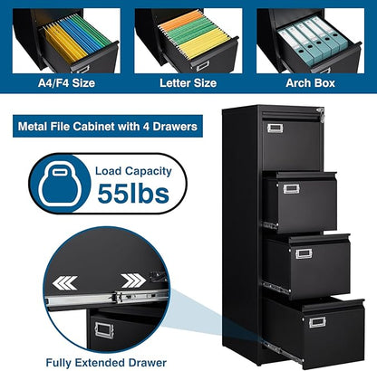 4 Drawer File Cabinet, Vertical Filing Cabinets with Lock, Metal File Cabinets for Home Office, Anti-Tip 4 Storage Drawers for Letter/Legal/A4/F4 Size (Assemble Required, Black)