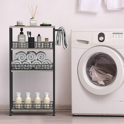 4 Tier Slim Storage Cart Narrow Laundry Cart on Wheels Utility Kitchen Rolling Cart with Wood Tabletop Mobile Shelving Unit Bathroom Storage Organizer Slide Out Rolling Tower for Narrow Spaces
