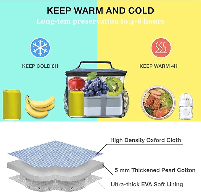 ExtraCharm Insulated Lunch Bag for Women/Men - Reusable Lunch Box for Office Picnic Hiking Beach - Leakproof Cooler Tote Bag Organizer with Adjustable Shoulder Strap for Adults-Black grey