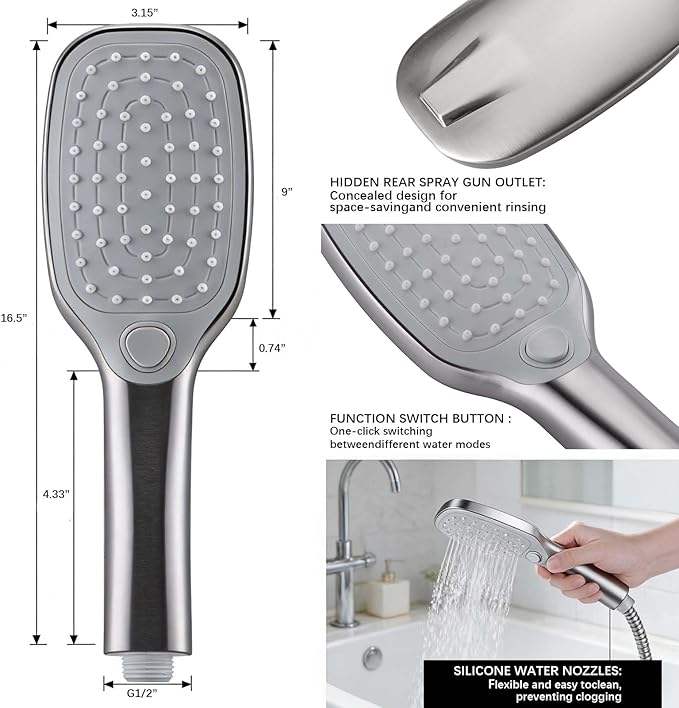 SonTiy Rain Shower Head with Handheld Spray and Shower Shelf, All Metal Shower System Kit with Hand Shower, Height Adjustable Holder and Brass Diverter for Whole Family, 1.8GPM,Brushed Nickel
