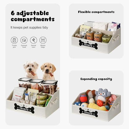 Dog Treat Container, Dogs Storage Organizer with Removable Dividers, Collapsible Dogs Treat Holder for Countertop, Trapezoid Pet Treats Containers, Dog Toy Basket with PU Handles, Medium, Beige
