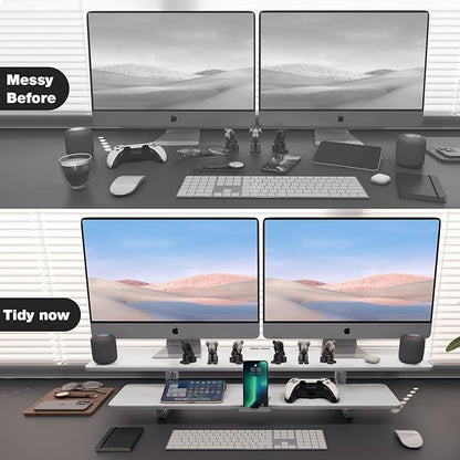 Dual Monitor Stand, 2-Tier Wood Monitor Riser with Storage Organizer and Cable Management, White