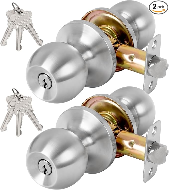 Keyed Entry Door Knob with Lock and Key, Exterior and Interior Door Knob for Bedroom or Bathroom, Satin Nickel, Not Keyed Alike, 2 Pack