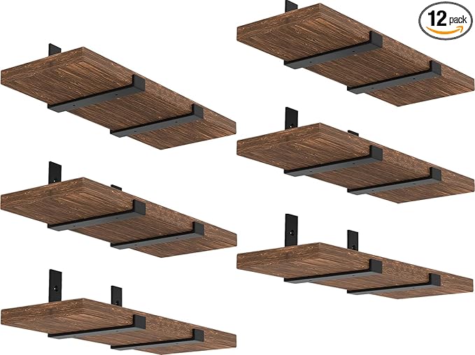 Shelf Brackets 12 Inch, Strong Heavy Duty Floating Shelf Brackets Pack of 12, Industrial Metal Iron Matte Black Shelving Brackets 1/5 Inch Thick Brackets for Shelves 12 PCS